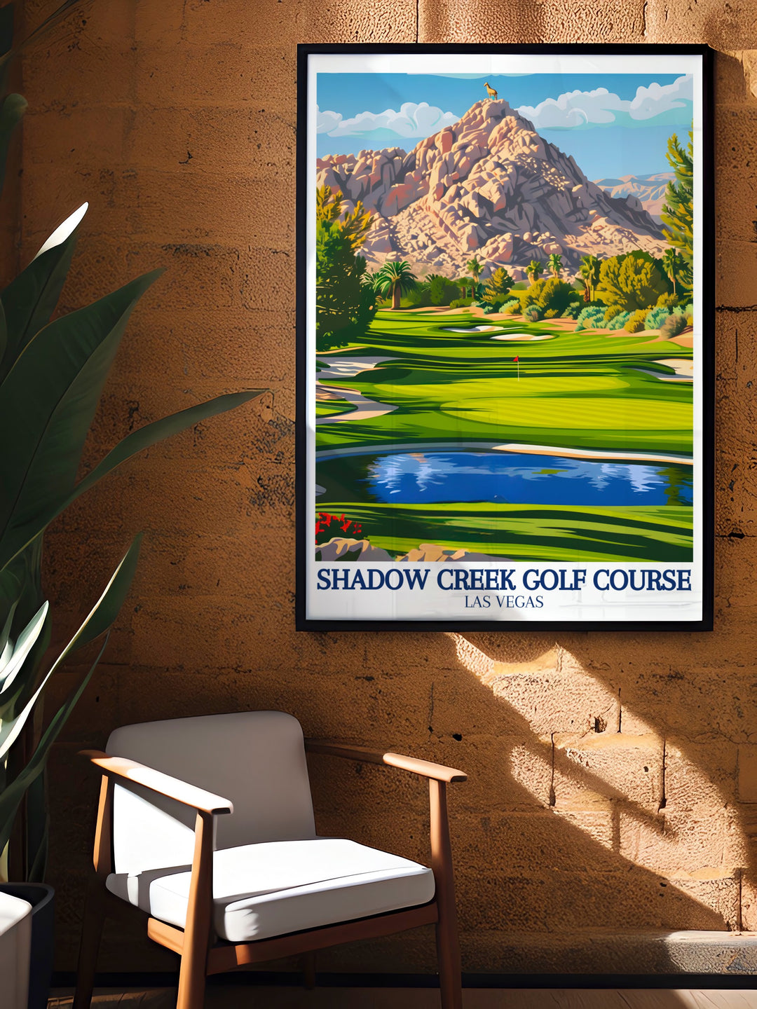 Shadow Creek Golf Course comes to life in this canvas art, offering a view of its pristine fairways contrasted by the rugged beauty of the Nevada desert. This travel poster showcases Clark Countys natural wonders, perfect for enhancing any golf or nature themed space.