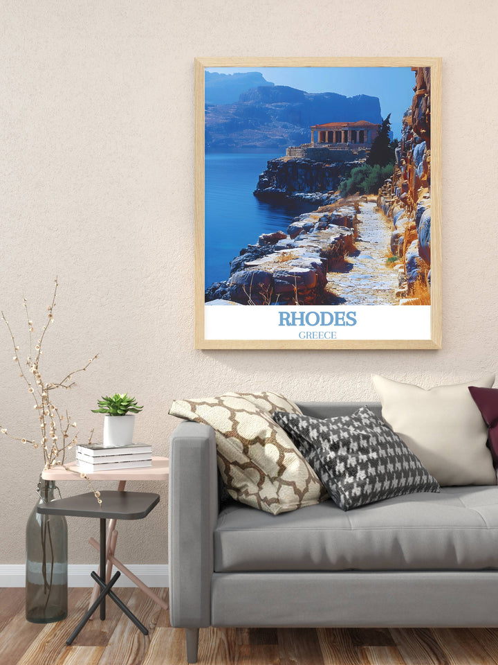 Greece Island Print with Acropolis of Lindos artwork brings the majestic ruins of Rhodes Greece to life. This beautiful travel print is perfect for anyone who loves Greek history and scenic beauty. The high quality design makes it an ideal addition to any home or a memorable gift.