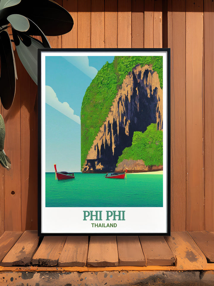 Thailand vintage poster featuring the iconic Viking Cave on Phi Phi Islands, with its intricate wall paintings and beautiful natural setting. This custom print is a perfect way to add a timeless piece of art to your collection, reflecting Thailands enchanting landscapes.