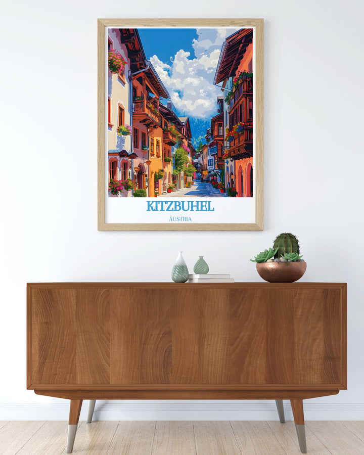 Ski Resort Poster of Kitzbuhel Austria featuring detailed artwork of Telemark Skiing and the charming streets of Kitzbuhel old town perfect for adding elegance to any living space