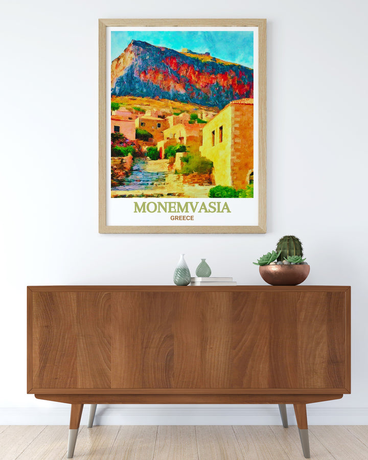 Greece Travel Poster capturing the enchanting atmosphere of Monemvasia, where history and natural beauty blend seamlessly. This poster is perfect for anyone who dreams of exploring Greeces rich cultural heritage and iconic landmarks.