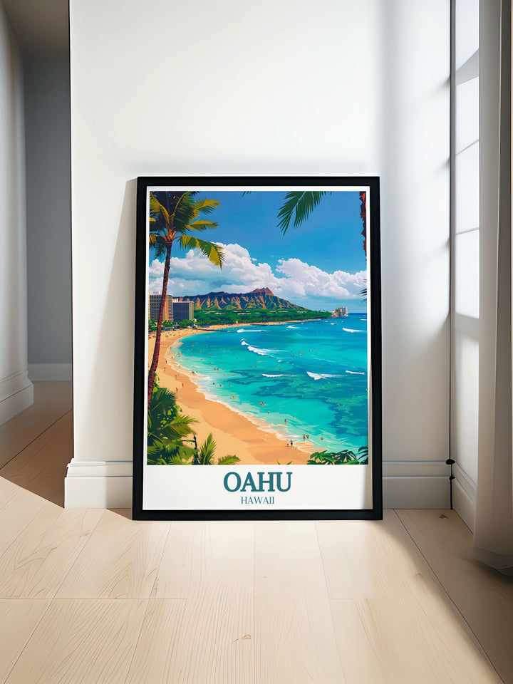 This beautiful Oahu print features the iconic Waikiki Beach and Diamond Head Crater capturing the serene beauty of Hawaii in vibrant colors perfect for home decor and gifts.