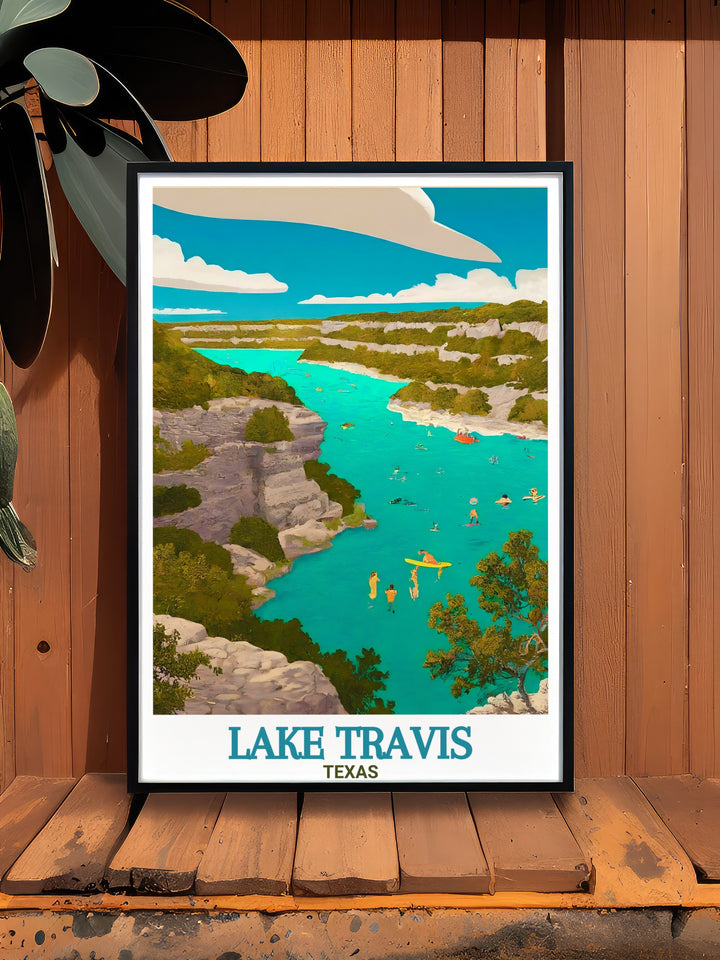 Capture the essence of Lake Travis with this beautiful travel poster. Featuring the iconic Pace Bend Park, this artwork brings the beauty of Texas lakeside living into your home. Perfect for art lovers, travelers, or Texas natives.