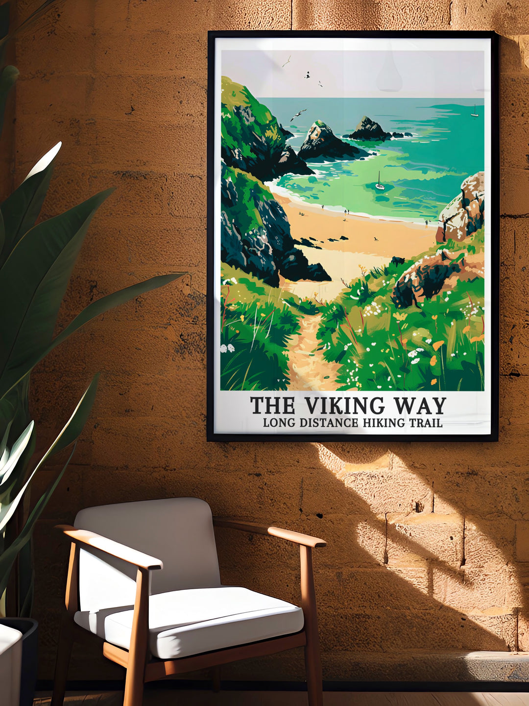 The Viking Way Long Distance Hiking Trail travel poster featuring stunning views of Hoddevik Beach along the Norwegian Sea. This print captures the serene beauty and adventure of the trail, perfect for home decor and nature enthusiasts. A captivating addition to any art collection.