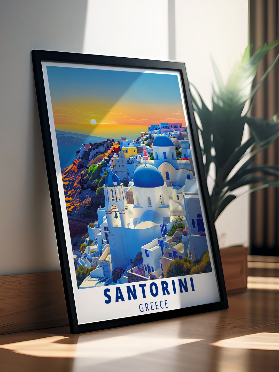 Art print of Oia in Santorini, illustrating its historic sites and stunning landscapes. Ideal for those who love Greeces unique blend of history and natural beauty.