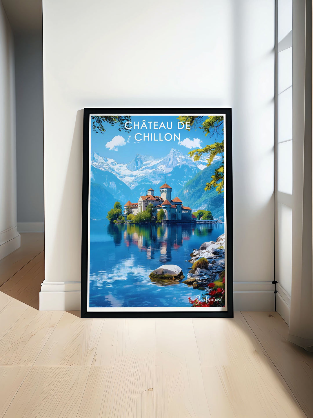 Grindelwald Poster showcasing the majestic Eiger Mountain with vibrant colors and intricate details perfect for enhancing your home decor alongside Chateau de Chillon stunning prints ideal for elegant living room decoration