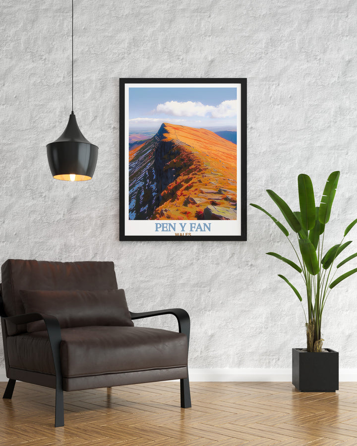 Pen y Fan Summit Wall Art featuring the stunning views of Wales iconic mountain and the surrounding landscapes of Brecon Beacons National Park. This canvas art brings the majesty of Wales into your living space, perfect for those who love adventure.