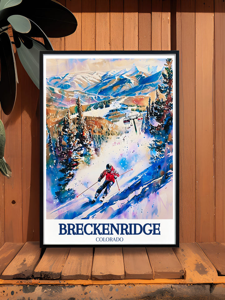 Breckenridge wall art showcases the majestic Peak 8, a favorite destination for skiers at the Breckenridge Ski Resort. This vibrant travel poster is perfect for adding a touch of alpine adventure to your living space or office.