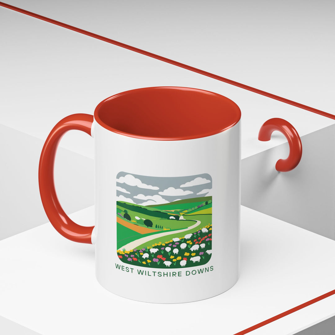 A premium West Wiltshire Downs mug displaying the region's scenic landscapes in vibrant detail. Made from durable ceramic, dishwasher and microwave safe, combining practicality with artistic expression for everyday enjoyment or special occasions, celebrating the unique spirit of the West Wiltshire Downs.