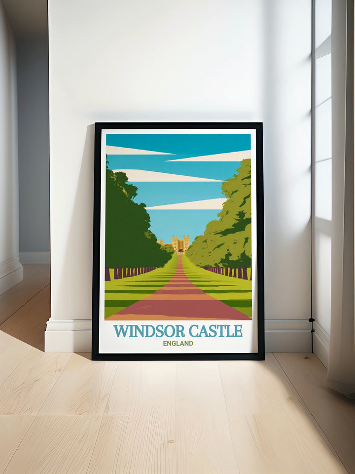 A vintage style travel print of Windsor Castle, showcasing the grandeur of the oldest inhabited royal residence in Europe. Perfect as a commemorative gift for the Jubilee or a decor piece for royal history lovers.