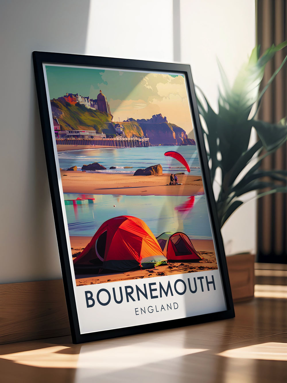 Personalised print of Bournemouth Beach capturing the vibrant atmosphere and serene beauty of this iconic destination. Ideal for creating lasting memories this custom art piece makes a thoughtful gift for any occasion and enhances your home decor with coastal elegance.