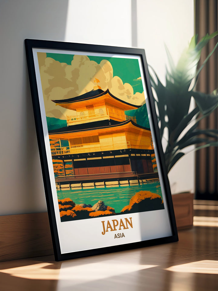 Featuring the iconic Golden Pavilion, this Kinkaku ji travel print is perfect for those who want to bring a piece of Japans serene beauty into their home. With its detailed depiction of Kyotos most famous temple, this poster is ideal for Japan enthusiasts and travelers alike.