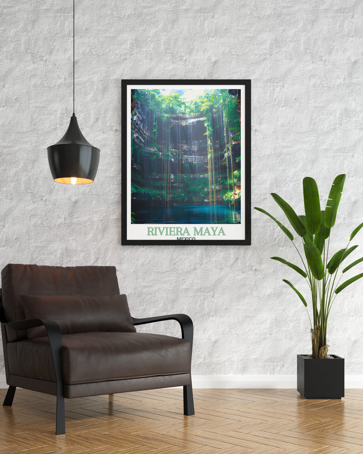 Beautiful Cenote Ik Kil print from Riviera Maya Mexico perfect for adding tropical elegance to your home living decor. This Mexico gift features stunning artwork of Cenote Ik Kil making it an ideal choice for beach decor and tropical art lovers seeking unique home accents.