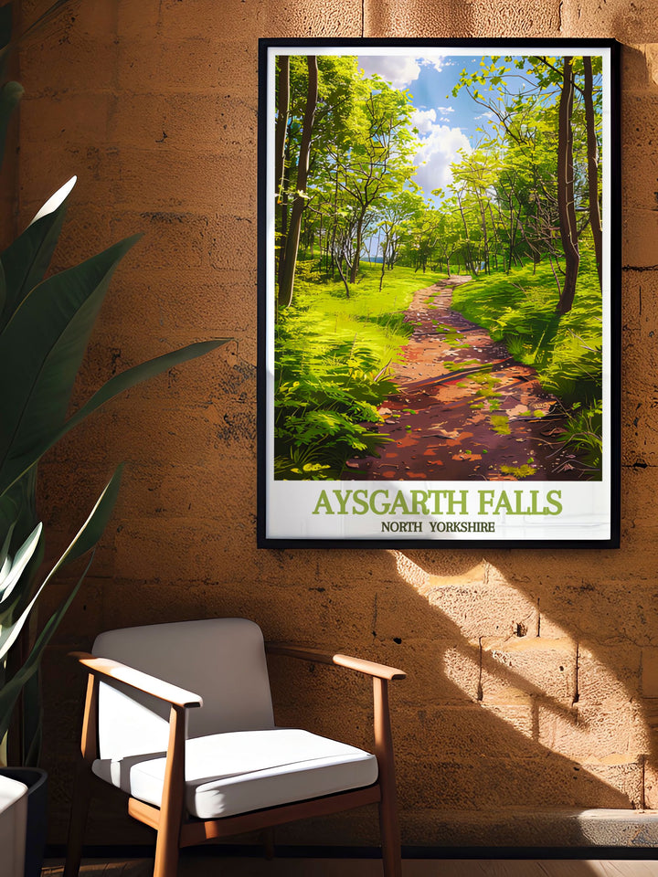 Vintage print of woodland trails in the Yorkshire Dales a stunning piece of wall art ideal for nature enthusiasts and those who love the scenic landscapes of North Yorkshire.