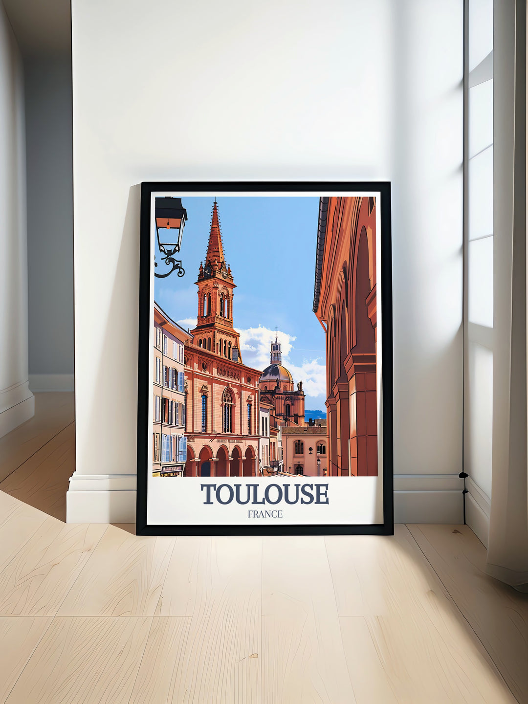 Featuring Toulouses famous Place du Capitole and the Basilica of Saint Sernin, this travel print offers a glimpse into the rich history of one of Frances most beautiful cities. Ideal for art lovers and travelers, this framed artwork brings a touch of France into any room.