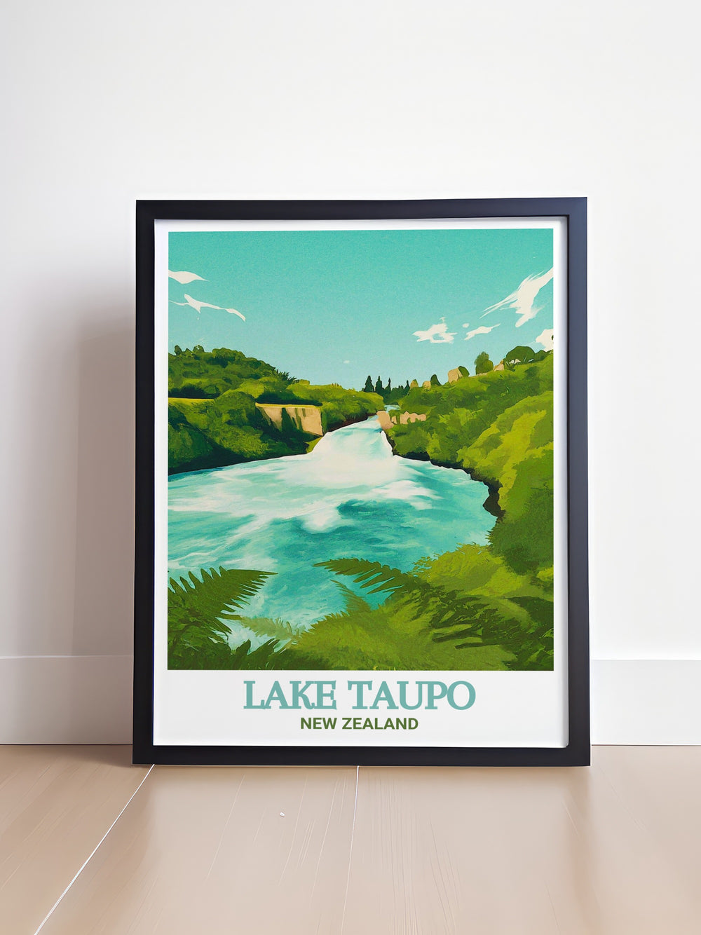 New Zealand Travel Poster featuring an inspiring collage of Lake Taupos expansive vistas and Huka Falls dramatic cascades, capturing the essence of New Zealands natural beauty and inviting viewers to explore and connect with the enchanting landscapes of Oceania.