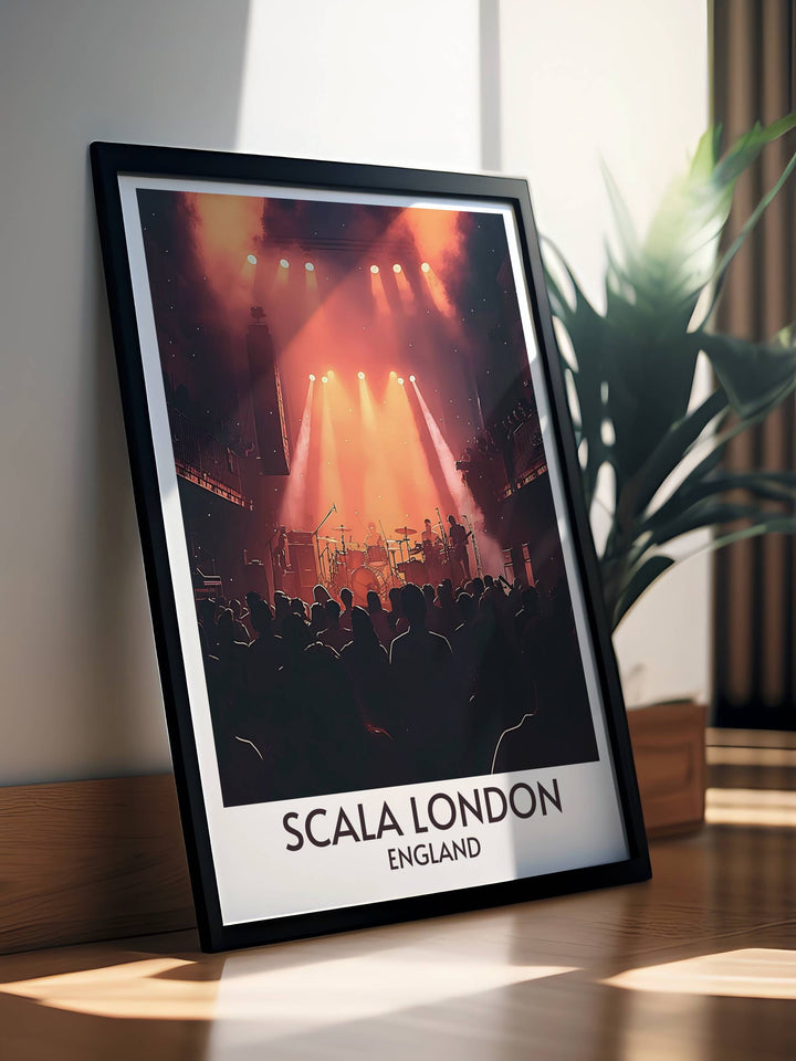 Music venue print of Scala London featuring its iconic Art Deco architecture and the energy of historic stage performances an elegant addition to any wall art collection perfect for fans of rock music and Londons vibrant cultural scene