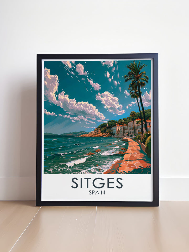 This poster of Sitges captures the breathtaking coastal scenery and rich cultural heritage of this Spanish town, inviting viewers to explore its picturesque landscapes and historic charm.