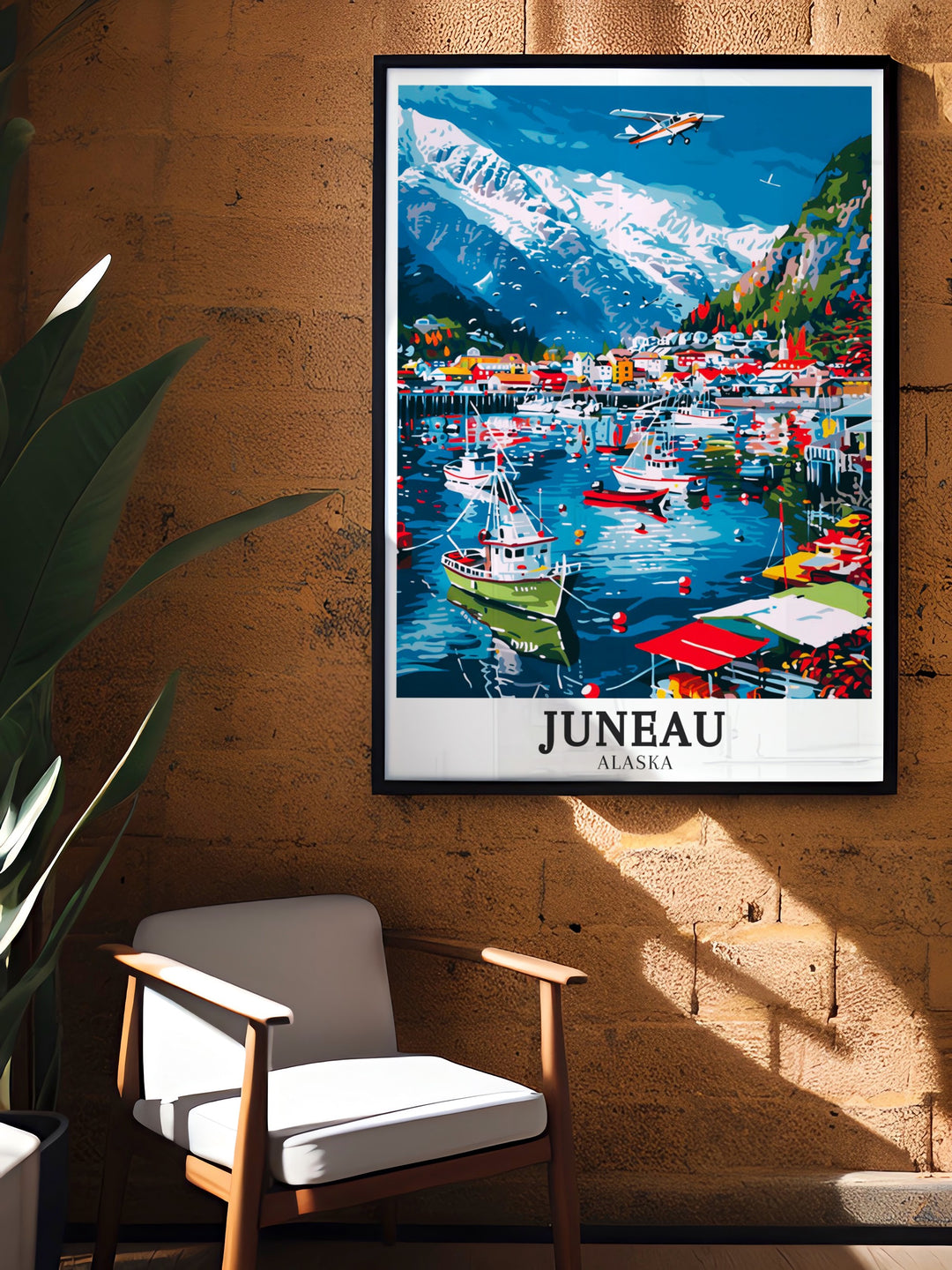 Juneau harbor wall art capturing the peaceful charm of Alaskas coastal towns. With the Gastineau Channel in the background, this artwork brings the natural beauty of Juneaus landscape into your home, ideal for travelers and nature lovers.