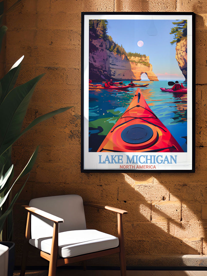 Pictured Rocks National Lakeshore and Lake Michigan Poster Print offer a serene view of nature that fits any home decor. Whether as a framed print or digital download this travel art adds a minimalist touch to any room.