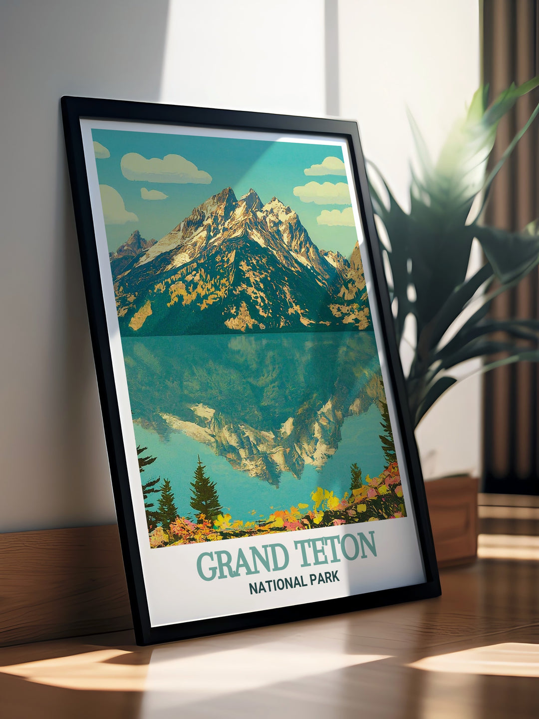 National Park travel poster highlighting the awe inspiring landscapes of Jenny Lake and the Grand Teton mountains. This artwork beautifully depicts the rugged peaks and serene waters, making it an ideal piece for those looking to celebrate Americas natural beauty in their home decor.