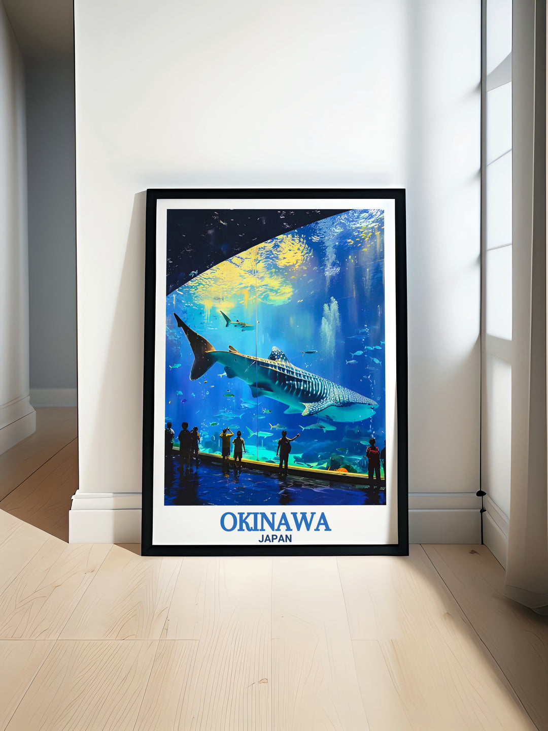 Okinawa Churaumi Aquarium travel poster featuring vibrant marine life and coral reefs perfect for adding a touch of underwater beauty to your home decor and bringing the wonders of the Okinawa Islands into your living space