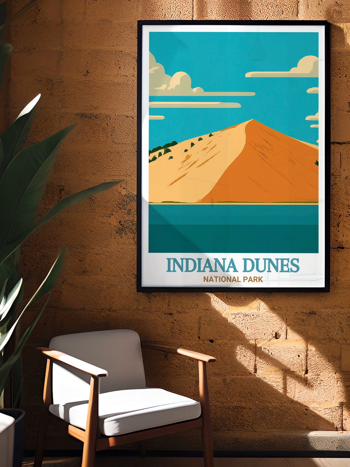 Travel print of Indiana Dunes National Park with a focus on Mount Baldys towering dunes. This artwork makes a unique and inspiring gift for anyone who has visited or dreams of visiting this scenic park.