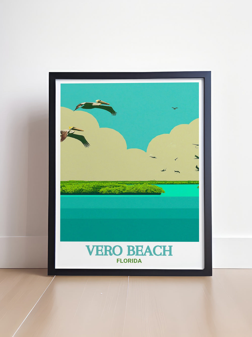 Pelican Island canvas art depicting the lush wetlands and soaring pelicans of Floridas oldest national wildlife refuge. This travel poster brings the beauty of Floridas wildlife to life, making it a perfect addition to any nature enthusiasts home.