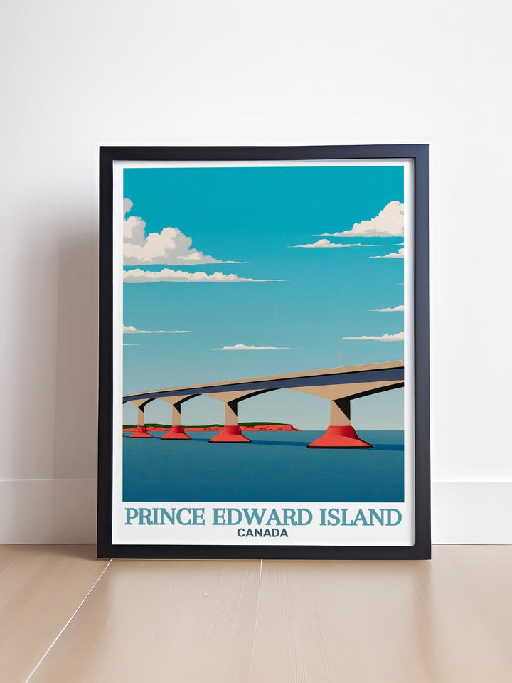 Modern Confederation Bridge artwork featuring the bridges impressive engineering and vibrant sunsets offering perfect wall decor that transforms any room into a gallery of elegance ideal for modern art enthusiasts and lovers of Canadian landscapes.