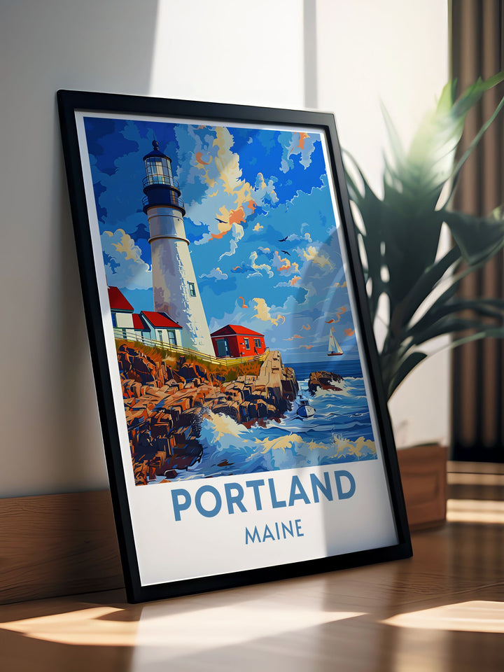Showcasing the rugged beauty of Maines coastline, this travel poster brings the wild, untamed essence of the coast into your home decor. Ideal for nature lovers.