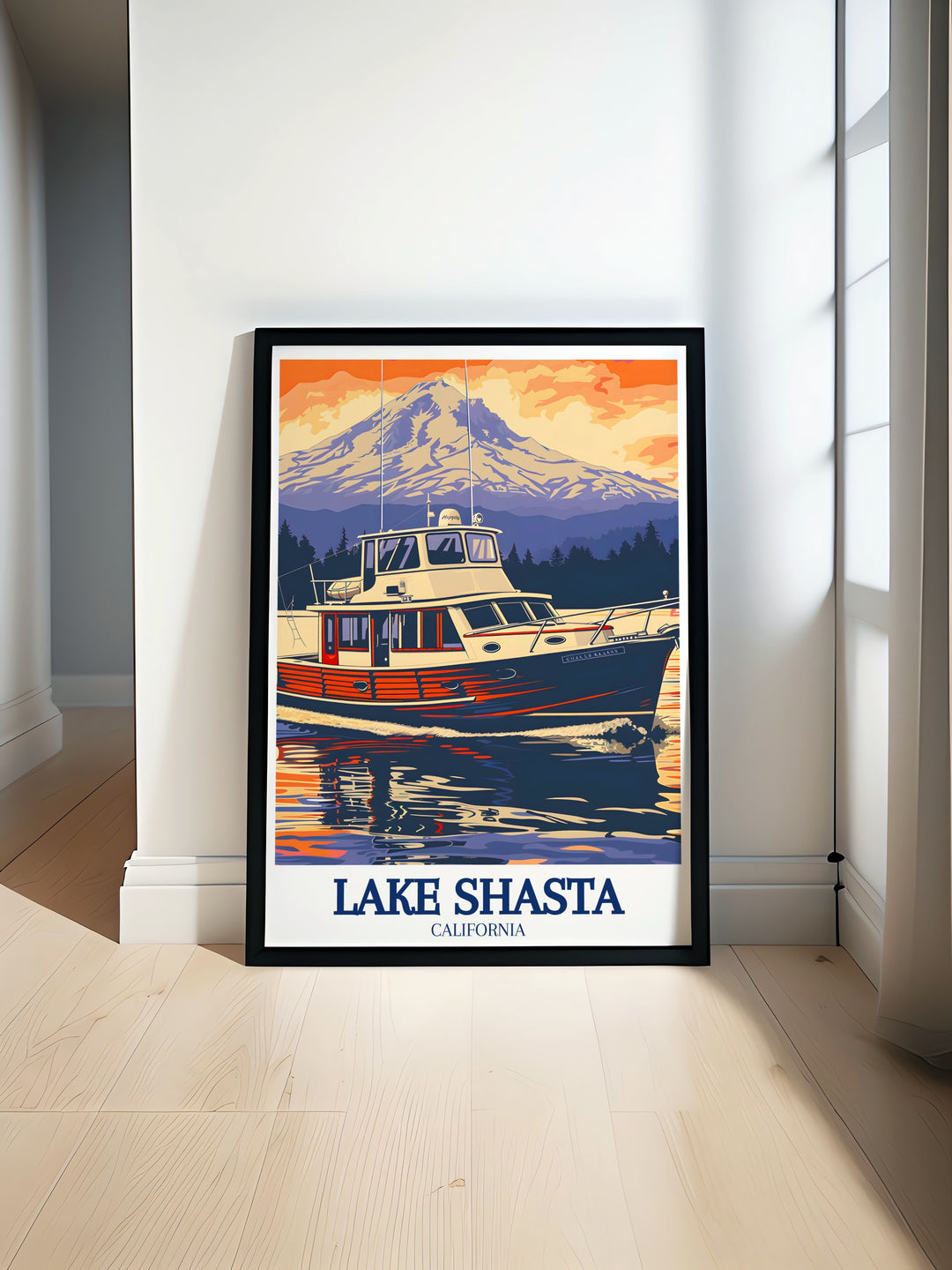 Lake Shasta wall art showcasing the vast reservoir and its tranquil setting in the Northern California wilderness. This print is ideal for nature lovers, campers, and outdoor enthusiasts who want to bring the beauty of Shasta Lake into their home.