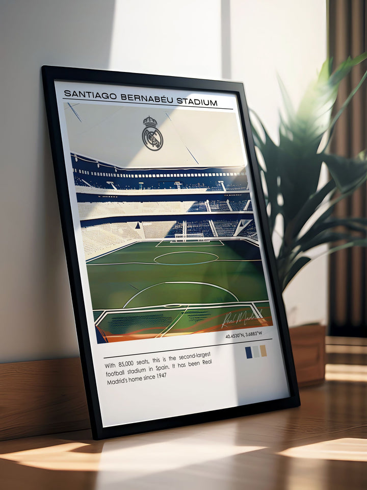 Mid century modern artwork of Santiago Bernabeu featuring Real Madrid and Jude Bellingham a perfect addition to office wall art or sports bedroom decor