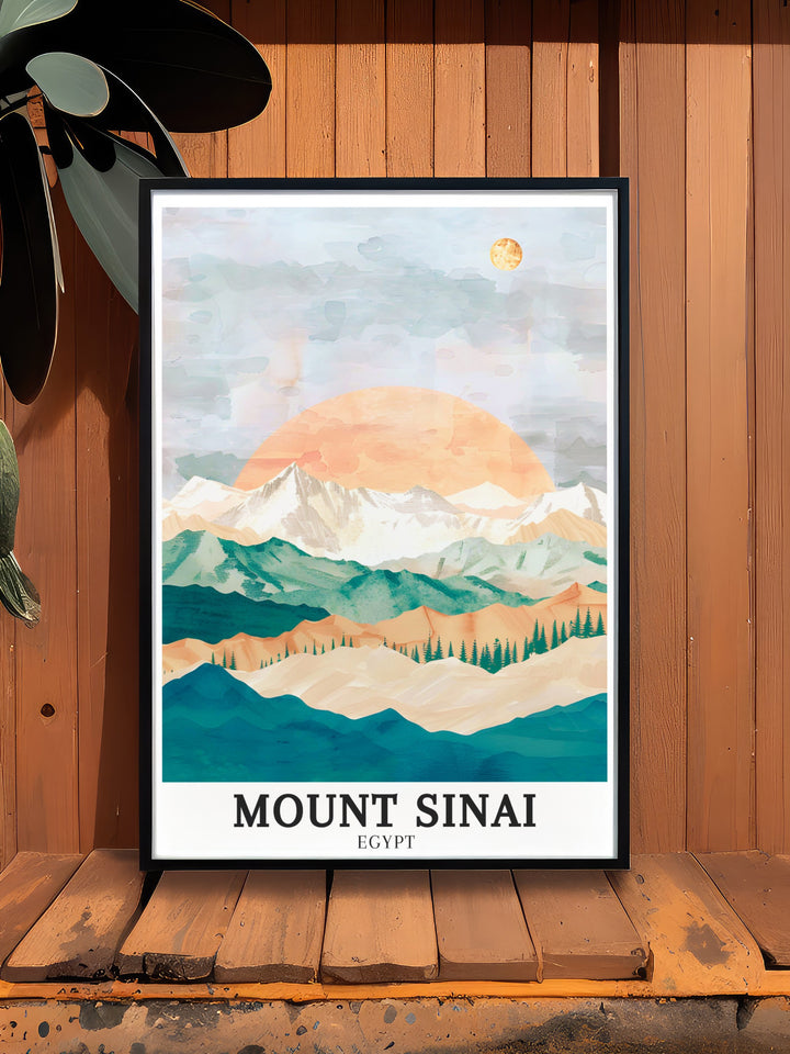 Summit Jabal Musa is beautifully depicted in this Jabal Musa Poster offering a stunning addition to any home decor whether you are looking for Mount Sinai Art that resonates with your spiritual journey or simply appreciate the beauty of this iconic mountain