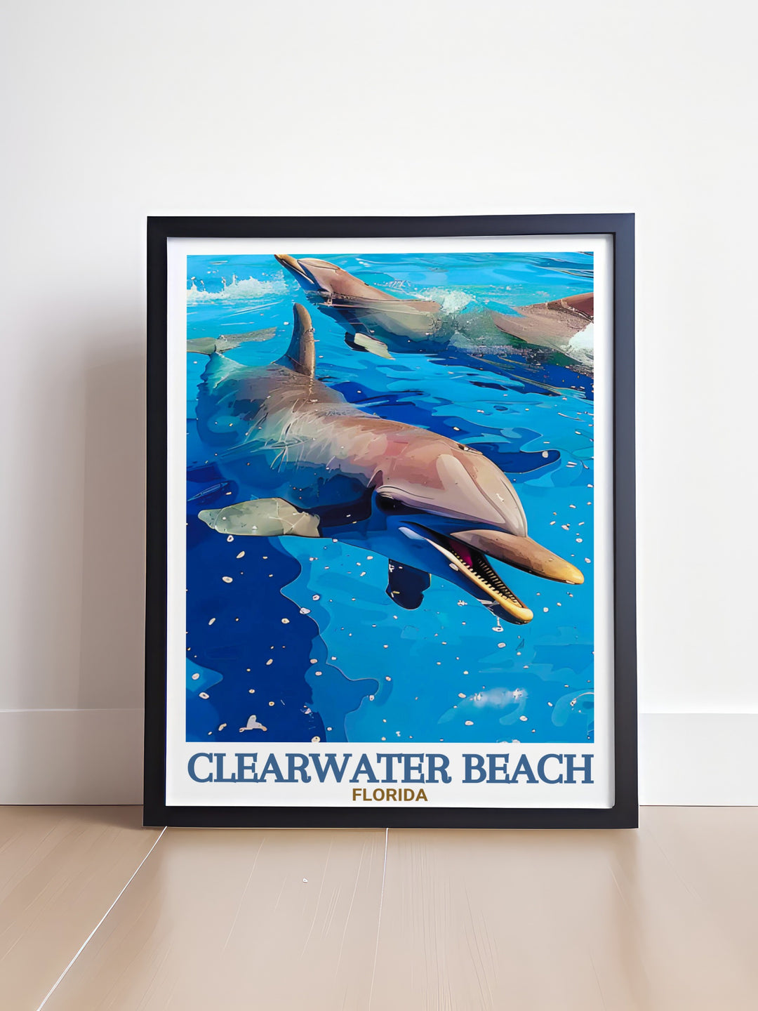 Clearwater Marine Aquarium art print offering a stunning blend of coastal beauty and marine life. Perfect for Florida travel gift ideas or home decor. The artwork captures the charm of Clearwater Beach with elegant detailing for any living space.