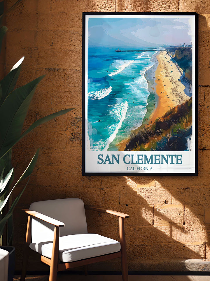 San Clemente Decor showcasing the San Clemente train rail San Clemente pier. This fine line print is ideal for wall art adding a touch of elegance and modernity to your home perfect for special occasions.