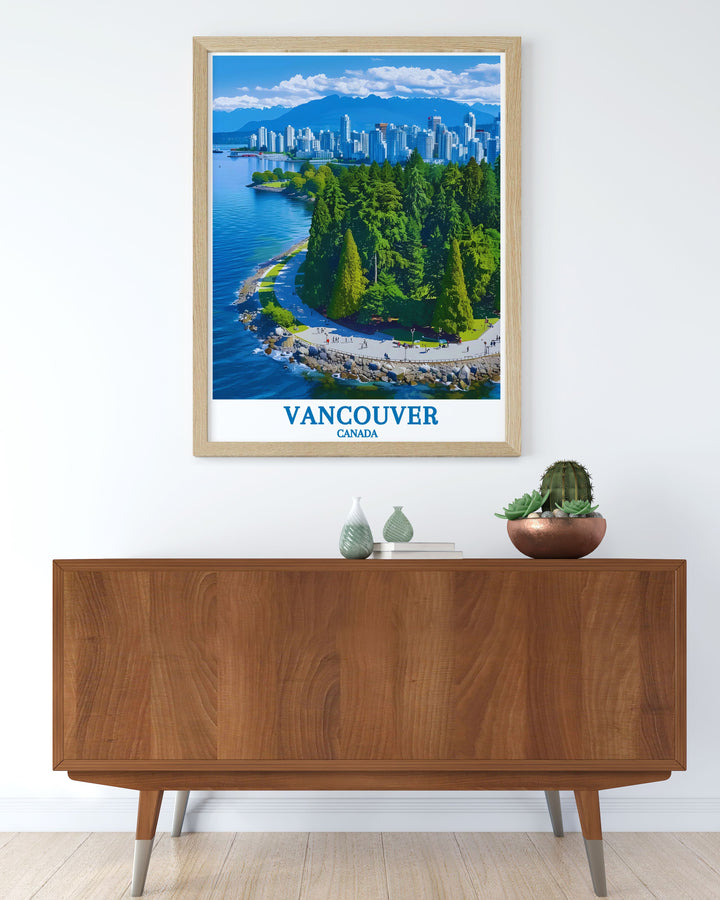 Capture the adventure and serenity of Stanley Park with this detailed travel print. Featuring the scenic Seawall and historic landmarks, it offers a dynamic and captivating addition to your collection, celebrating Vancouvers iconic urban park.