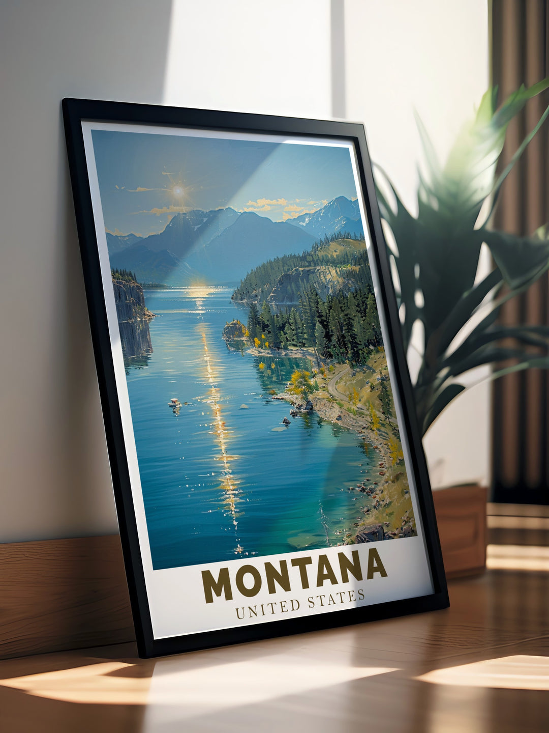 Montana Vintage Poster combines the timeless beauty of Flathead Lake with a modern art style, creating a unique piece of wall art. Perfect for nature lovers and travelers, this artwork celebrates Montanas wilderness and makes a great gift for any occasion.