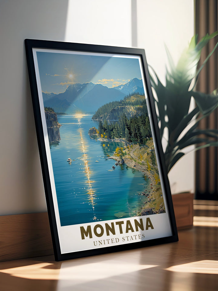 Montana Vintage Poster combines the timeless beauty of Flathead Lake with a modern art style, creating a unique piece of wall art. Perfect for nature lovers and travelers, this artwork celebrates Montanas wilderness and makes a great gift for any occasion.