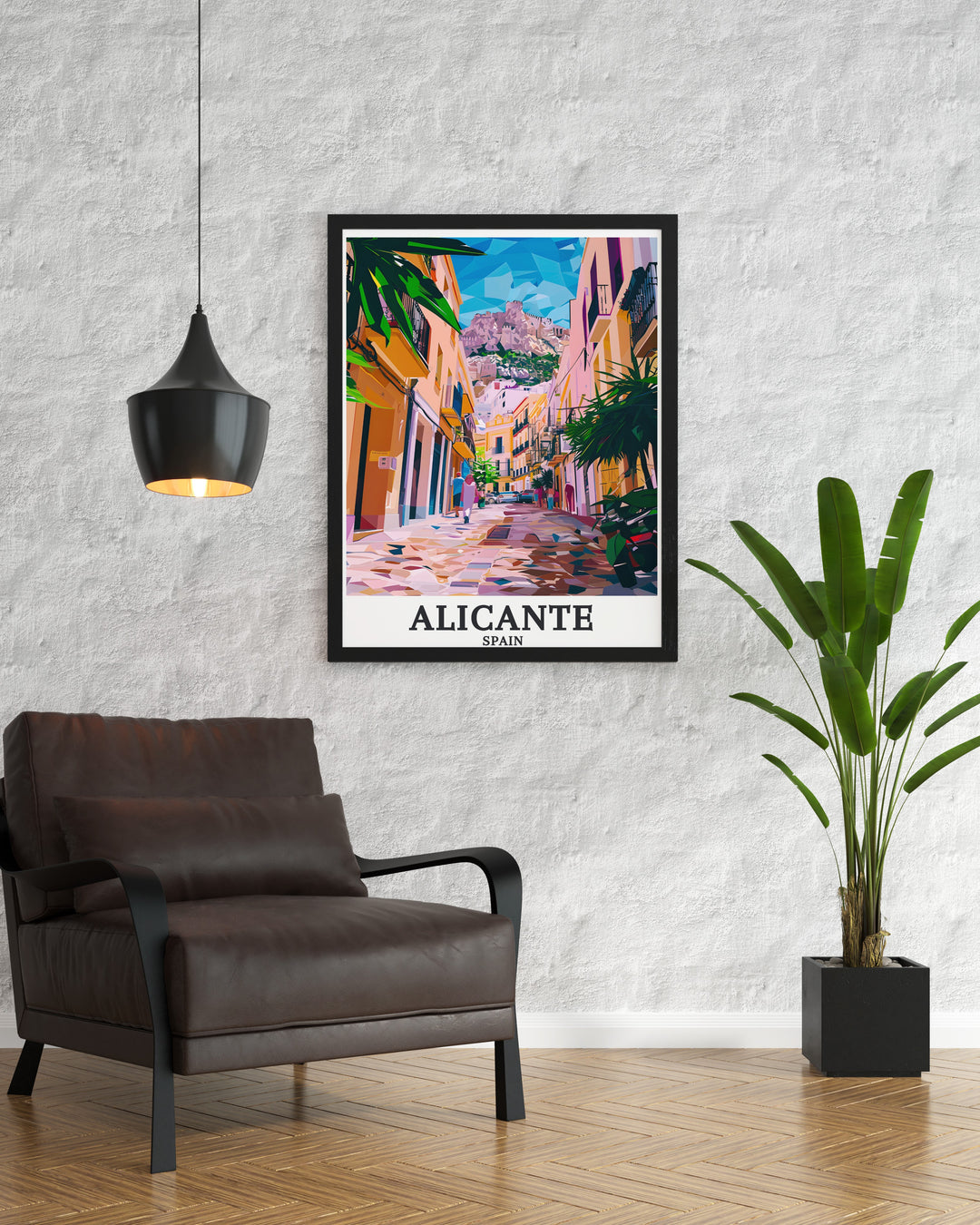 Alicante Travel Print featuring Mount Benacantil and Old Town in a matted art style that adds a touch of cultural significance to your home decor ideal as a unique gift for art lovers and travelers