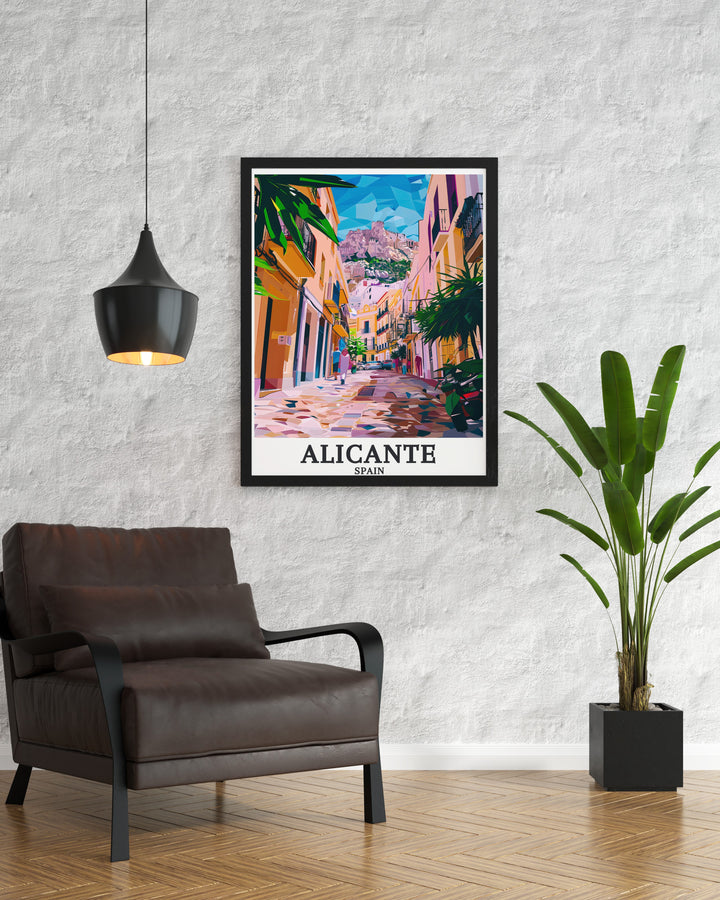 Alicante Travel Print featuring Mount Benacantil and Old Town in a matted art style that adds a touch of cultural significance to your home decor ideal as a unique gift for art lovers and travelers