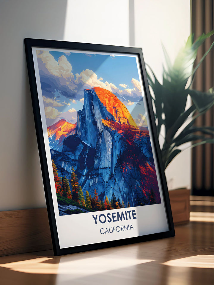 Highlighting the serene beauty of Yosemite National Park, this art print showcases Half Dome at sunset, its smooth granite face bathed in warm hues, creating a captivating focal point for your living space.