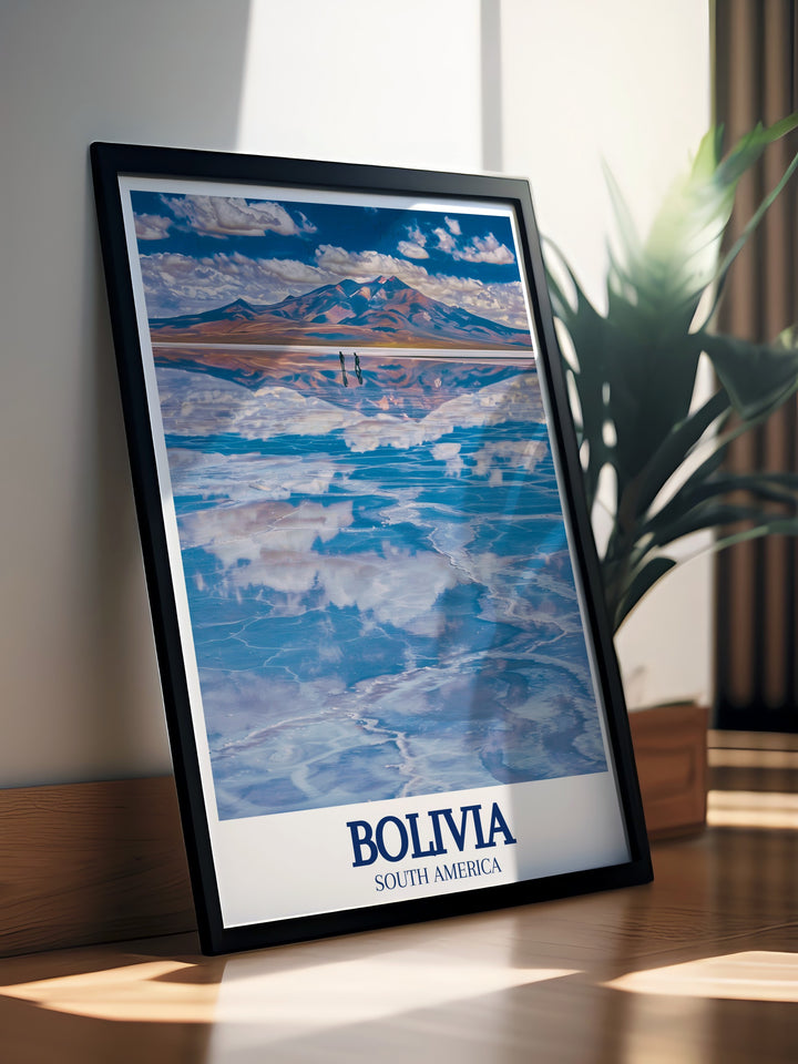 Bolivia print featuring the reflective surfaces of the Uyuni Salt Flats with the Cordillera Real mountain range in the background ideal for creating a stunning focal point in any room