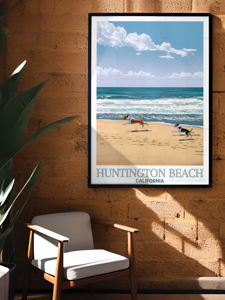 This travel print of Huntington Beach and Huntington Dog Beach highlights the sun, surf, and iconic pier. The ideal wall art for those who love Californias coastal culture, its perfect for beach homes, offices, or as a gift for adventure seekers.