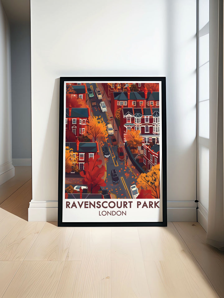 Ravenscourt Park Residentials London Travel Poster showcasing the serene landscapes and historic trees. Perfect for adding a touch of tranquility to any living space, this poster highlights the peaceful beauty of one of West Londons hidden gems.