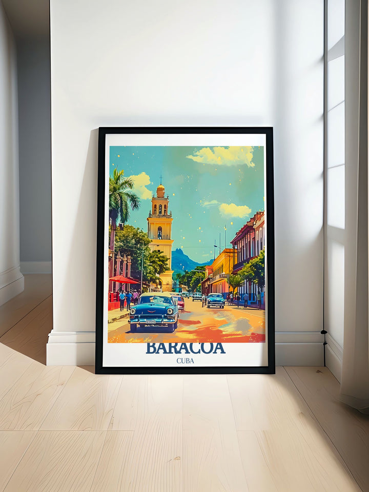 Stunning Baracoa poster featuring the picturesque El Yunque Mountain and the historic Catedral De Nuestra Senora De La Asuncion, capturing the natural beauty and rich heritage of this iconic Cuban location. Perfect for adding a touch of Cubas charm to your home decor.