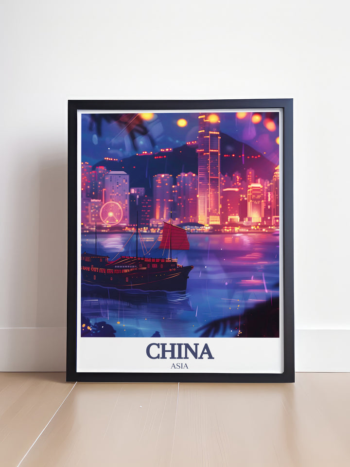 This Hong Kong travel print captures the dynamic energy of Victoria Harbour, one of the worlds most famous waterfronts. The elegant skyline and serene waters make this China poster print an eye catching addition to any space. Perfect for anyone who loves urban landscapes, this artwork is ideal for home decor, offices, or as a thoughtful travel gift.