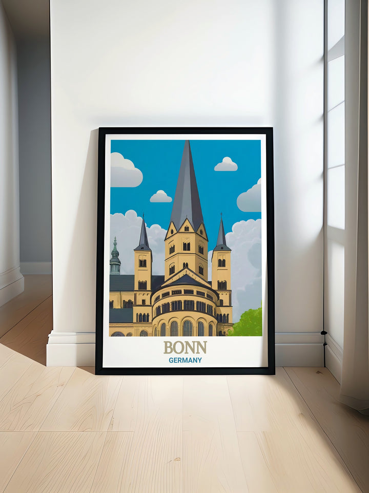 Germany travel print showcases the timeless beauty of Bonn Minster, highlighting its Gothic architecture and medieval charm. This wall art is ideal for anyone looking to celebrate the rich history of Germany in their home.