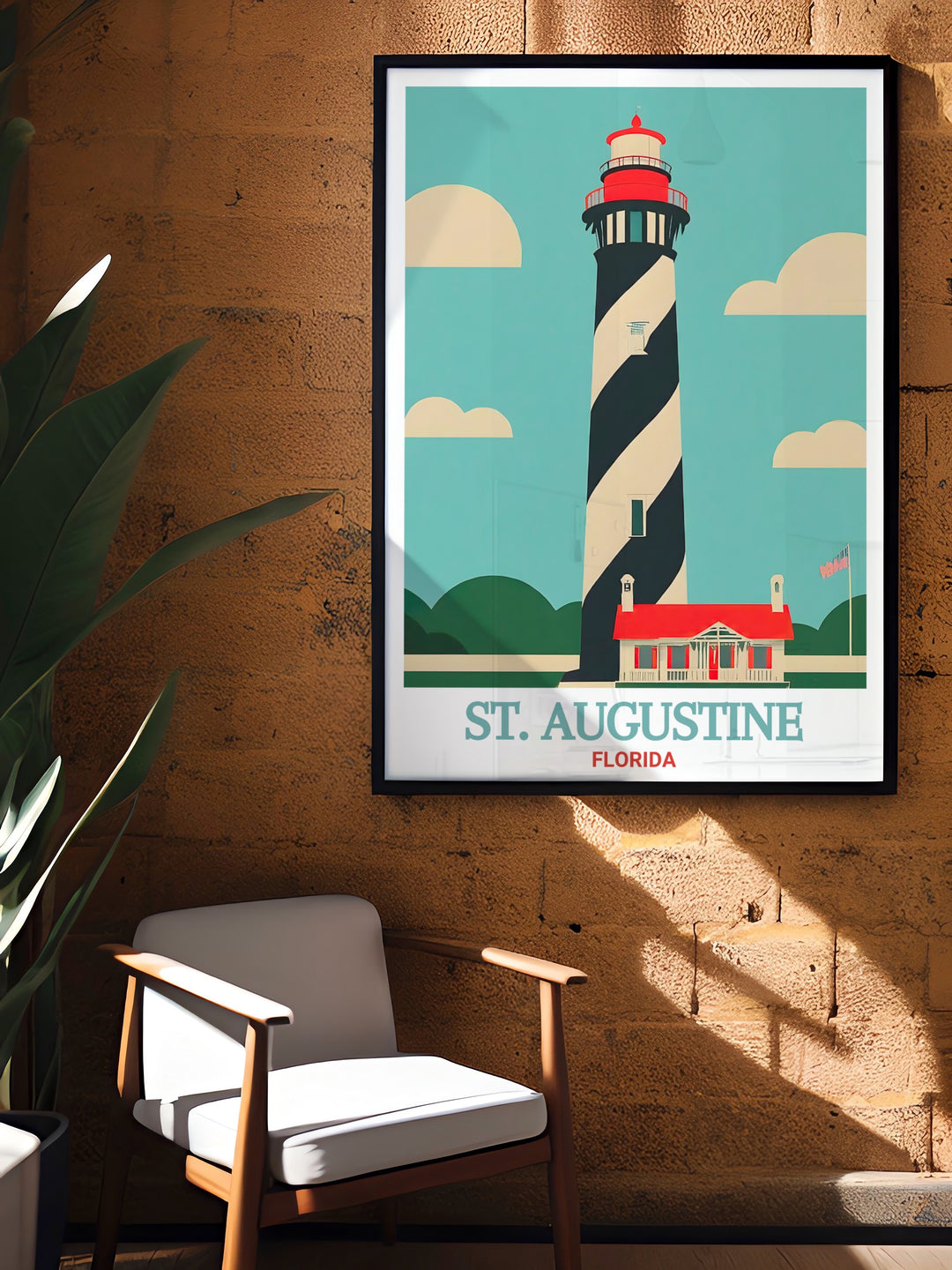 This detailed St. Augustine poster features the iconic St. Augustine Lighthouse and Maritime Museum. The travel print showcases the red and white lighthouse set against a beautiful Florida coastal scene, making it a stunning addition to any space or the perfect gift for lovers of maritime history.