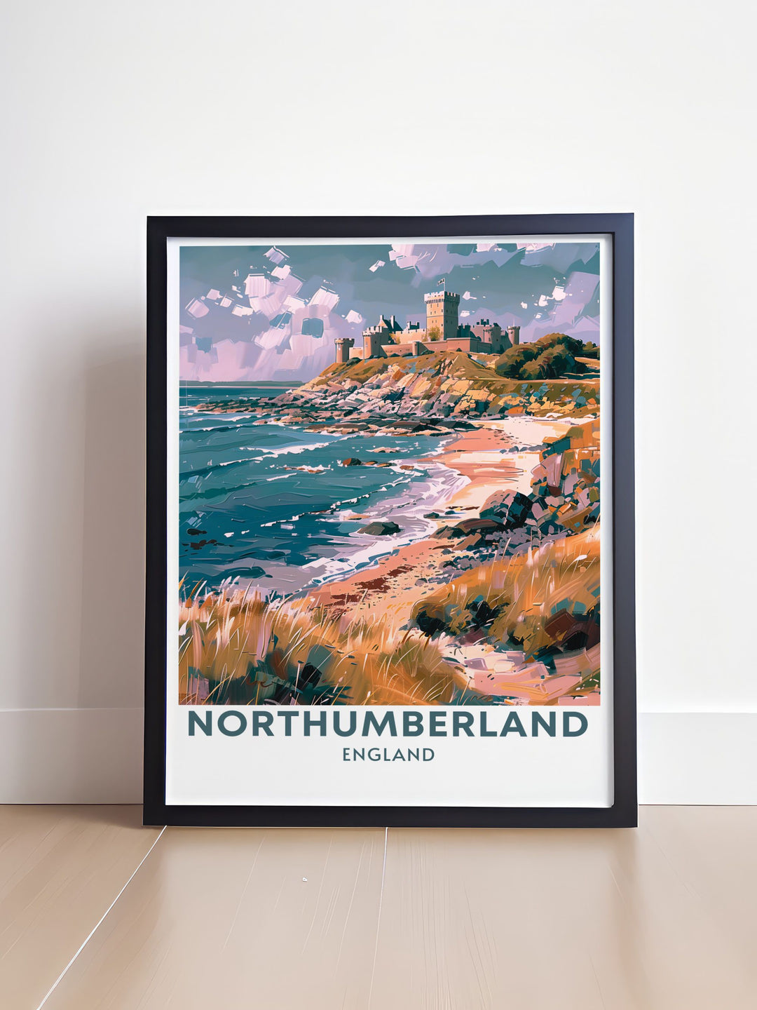 Stunning Bamburgh Castle travel poster showcasing the castles grandeur on the Northumberland Coast. Ideal for home decor, gifts, and art collections, this print adds a touch of historical elegance to any space.