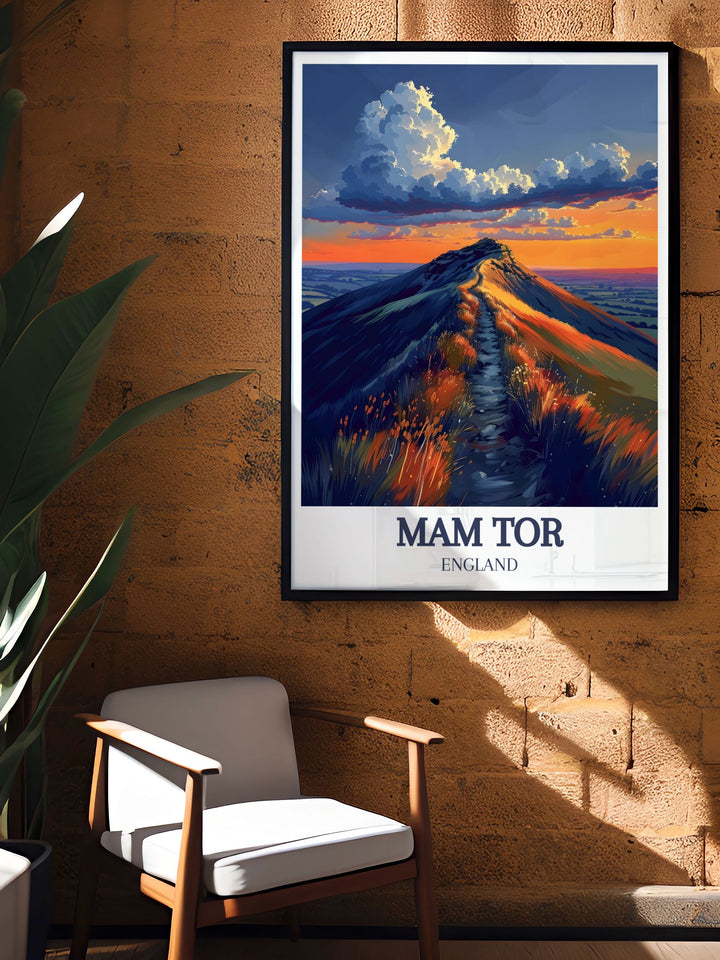 Framed Mam Tor Ridge walk print capturing the scenic Great Ridge and Derbyshire landscape perfect for adding charm to home living spaces or as a gift for hiking enthusiasts and nature lovers